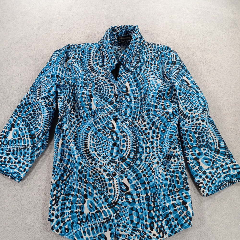 Notations Womens 3/4 Sleeve Blouse Blue Abstract Animal Print Small Button Up